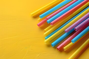 Obraz premium Colorful Plastic Straws Against Vibrant Yellow Background Ideal for Summer Party Design and Social Media Graphics