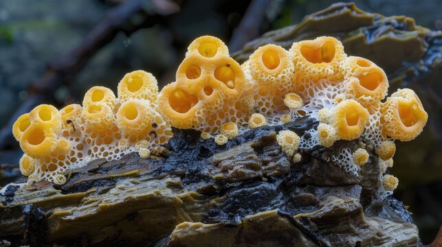 Fruit bodies of a Physarum slime mold or myxomycete make an odd structure with stripped stone texture Slime moulds are special organisms that gather from many microscopic unicellular amoebae