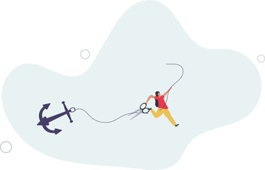 Freedom, relief or escape from bad habit, psychology anchoring effect or cut heavy burden to growing more concept.flat design.illustration with people.