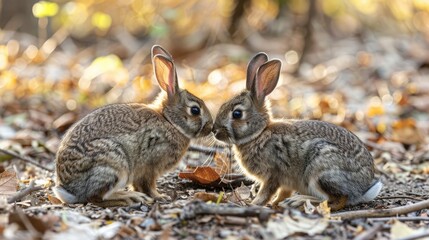 Two Rabbits Nuzzling in Autumn Forest