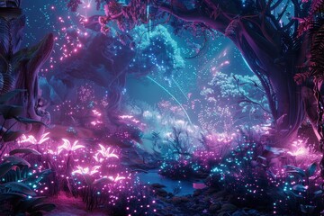 Enchanted Forest with Glowing Flowers and Stream