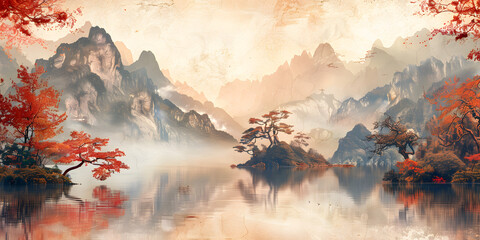 Autumn Landscape of Chinese Mountains and Rivers in Watercolor and Ink Wash Painting. Depicting the Warm Atmosphere of Sunset with Falling Leaves. Capturing the Essence of Chinese Culture in a Serene 