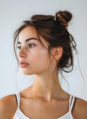 portrait of a young woman with brown hair and a messy bun