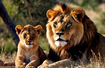 Fototapeta premium Scene of a beautiful brown lion and a cub lying down in the forest
