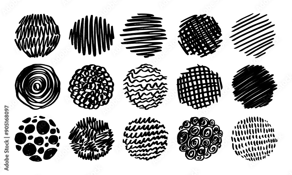 Poster fifteen textured circles. handwritten round objects. doodles and squiggles. vector set
