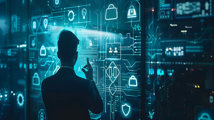 Businessman with virtual cyber security technology,Businessman protecting personal data,virtual screen interfaces,cyber security,virtual screen for security technology concept, icons,Ai