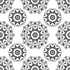 Seamless pattern with black outline drawing on white background. Version 3. Vector illustration