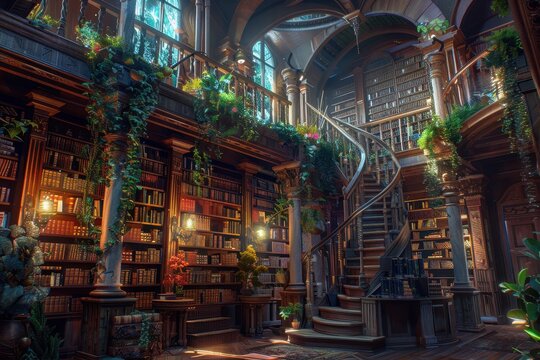 A grand library with a winding staircase and abundant foliage