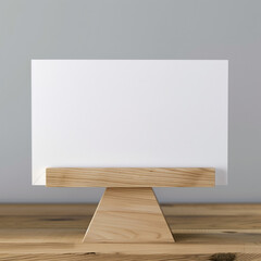 Naklejka premium the horizontal postal card in size of 20x15 is on display on a wooden stand, minimal beechwood stand, white cardboards, simple designs, hyper realistic, minimal, 
