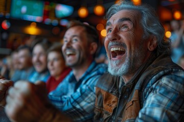 Obraz premium Group of friends watch a sporting event at a bar, laughing and cheering