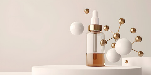 serum oil bottle and skincare hydrogen molecule of water and crystal clear water droplets