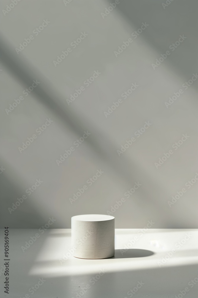 Poster minimalist white cylindrical object on a smooth surface, highlighted by soft diagonal shadows on a m