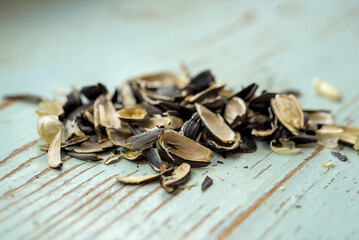 Husk of sunflower grains on the wood