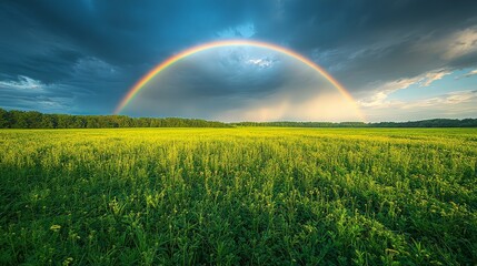 Naklejka premium Tranquil After the Storm - Wide Angle Shot of Vibrant Green Meadow with Rainbow in the Sky