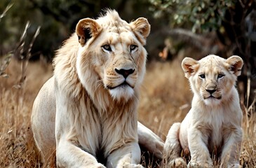 A scene of a beautiful white big lion and a cub lying down in the forest