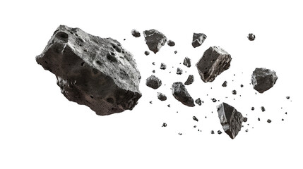Meteorite stones, rocks floating in the air isolated on transparent background. A group of broken rocks and stones flying on space concept.