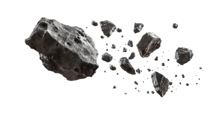 Meteorite stones, rocks floating in the air isolated on transparent background. A group of broken rocks and stones flying on space concept.