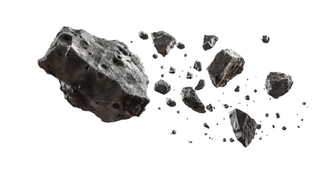 Meteorite stones, rocks floating in the air isolated on transparent background. A group of broken rocks and stones flying on space concept.