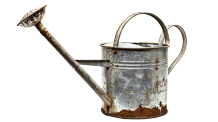 Old metal watering can, a classic design. Isolated on transparent background