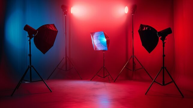Professional photography studio setup with colorful lighting