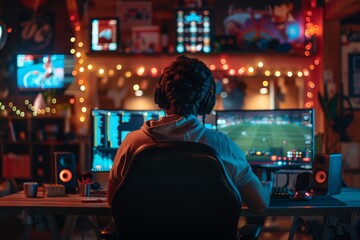 Person sits in front of a computer, intently watching a live football game, while likely placing bets on the outcome