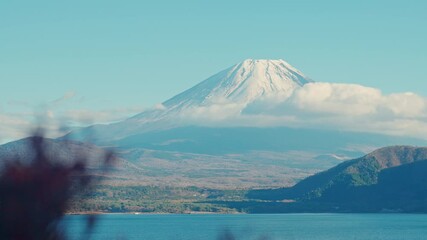 Mount Fuji at lake Motosu near Kawaguchiko, one of the Fuji Five Lakes located in Yamanashi, Japan. Landmark for tourists attraction. Japan Travel, Destination, Vacation and Mount Fuji Day concept