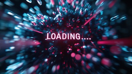 A digital animation of a loading screen with a pink neon LOADING... text centered against a black background. The screen is filled with blue and pink light streaks and bokeh