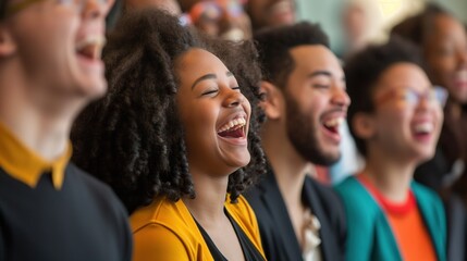 Obraz premium A diverse group of people laugh together while attending an event or gathering