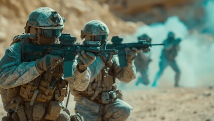 Fototapeta premium Soldier holding gun crouched and ambushed in the forest