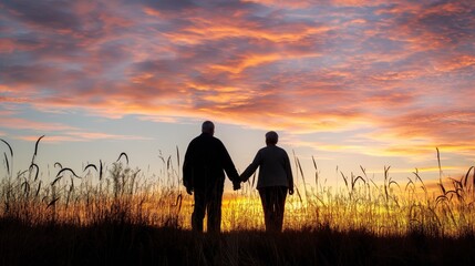 Elderly couple holding hands, enjoying a sunset, representing the peace and happiness of a secure financial future