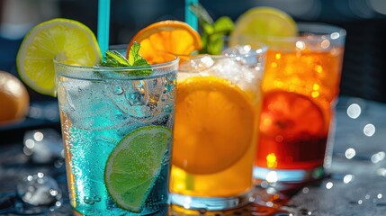 Vibrant close-up photograph of three assorted colorful cocktails garnished with fresh fruits and mint leaves, beautifully presented against a blurred background with sparkling bokeh lighting effects