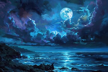 Moonlit Seascape with Rocky Shore and Crashing Waves
