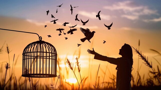 Person releasing a bird from a cage, symbolizing freedom, liberation, and the act of letting go