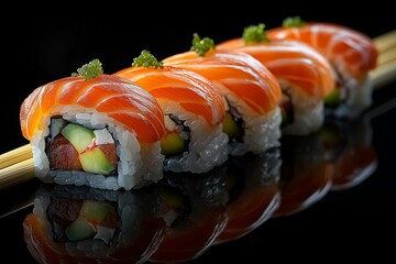 appetizing sushi set, on a black plain background with reflections