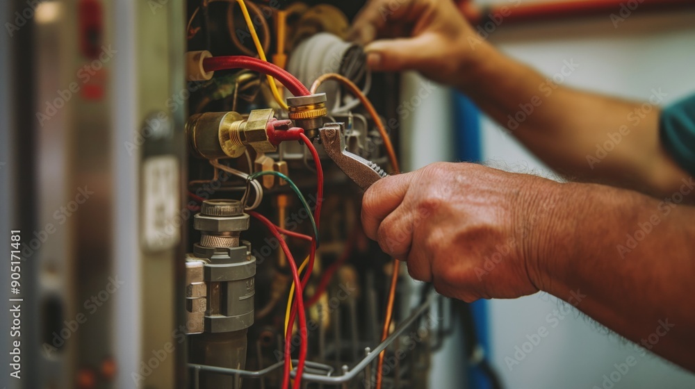 Aufkleber close-up of hands using tools to fix a broken dishwasher, focusing on the complex wiring and plumbin