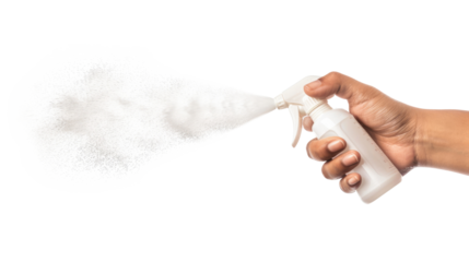 Hand Holding Spray Bottle Pressing on transparent background