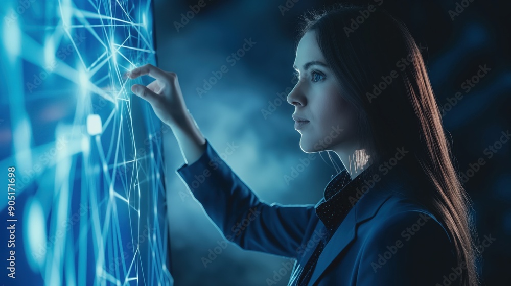 Poster a woman in a dark suit engages with a glowing digital interface, exploring interconnected data point