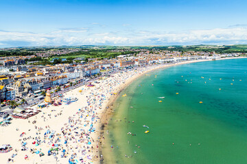 Weymouth Beachat summer from a drone, Esplanade, Weymouth, Dorset, England