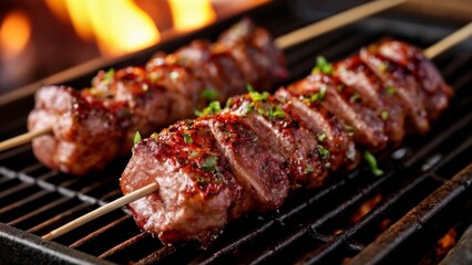  Grilling to perfection  Sizzling skewers of meat on a BBQ