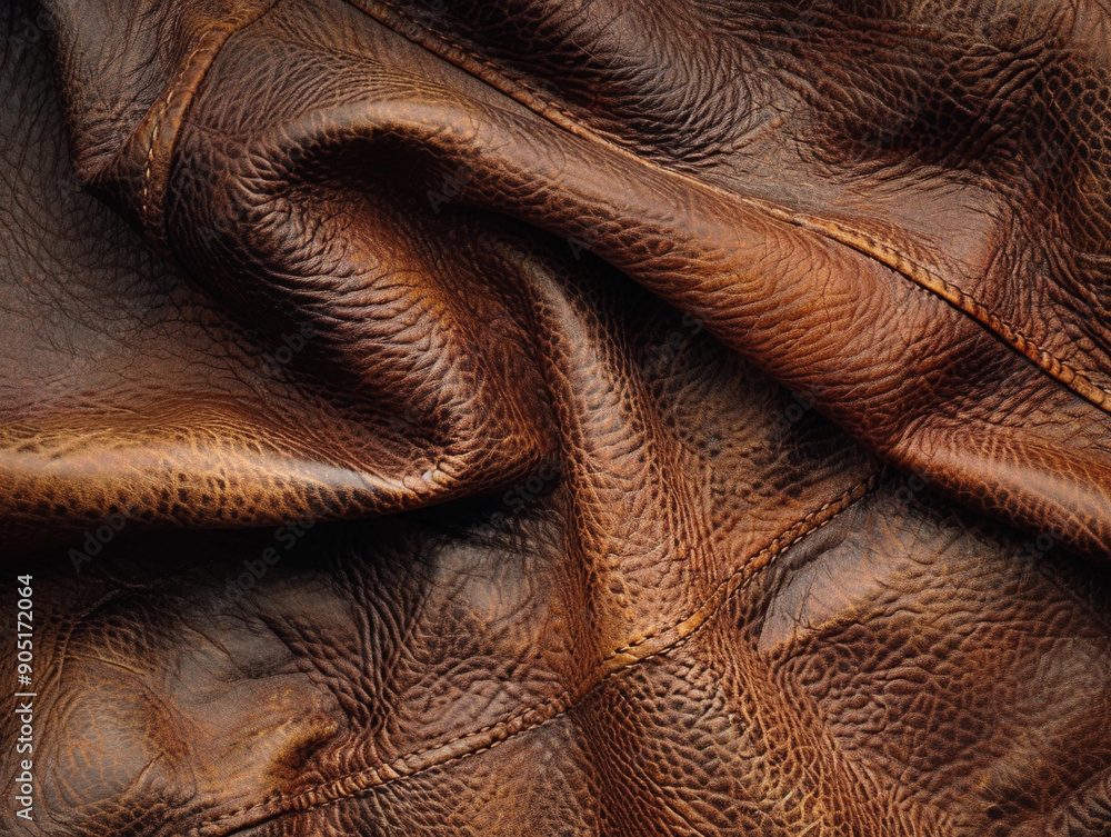 Poster close-up of rich brown leather texture with distinct patterns under soft lighting