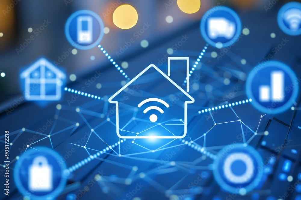 Poster interactive smart home interface showcasing connectivity and automated home systems in a digital ill