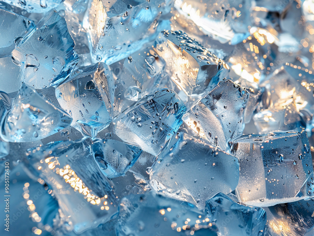 Poster clear ice cubes with blue tones reflecting light in a refreshing setting