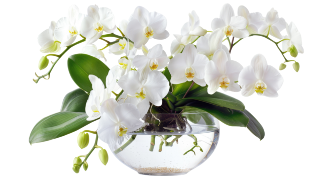 Beautiful flowers composition. Bouquet of white orchids in vase on transparent background. Concept Valentines Day, Happy Women's Day, March 8