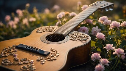 beautifully crafted acoustic guitar adorned with flower background