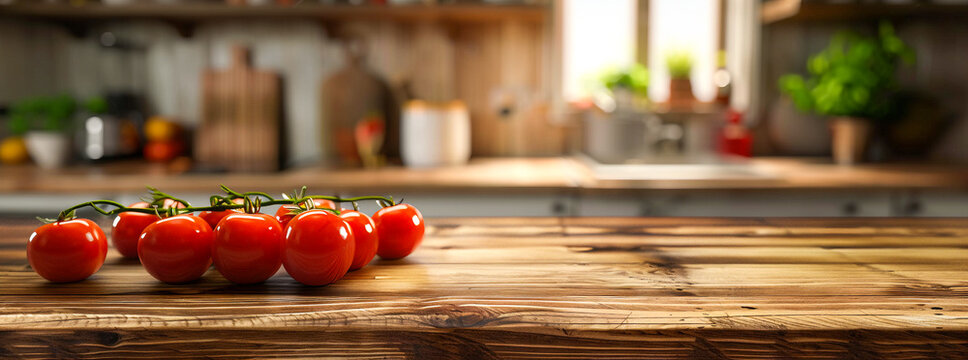 A wooden table with an empty space for product display, surrounded by ingredients like herbs and tomato