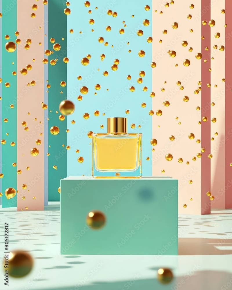 Poster golden perfume bottle on colorful background with floating bubbles