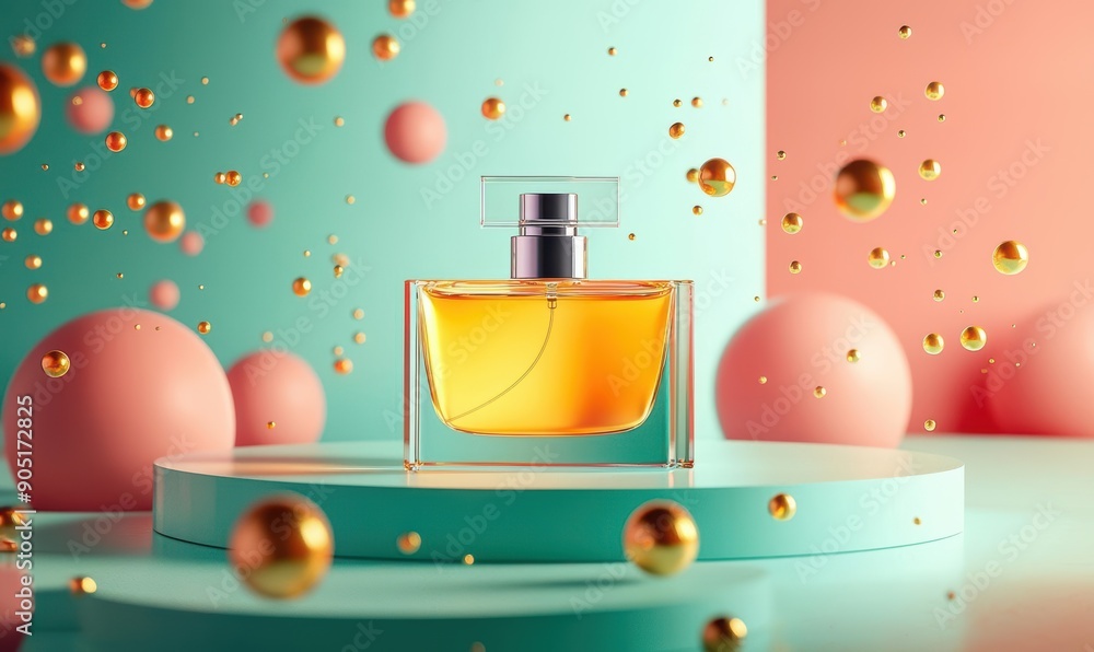 Poster elegant perfume bottle with floating bubbles on colorful background