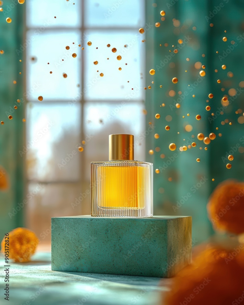 Poster elegant perfume bottle with floating golden particles and teal background