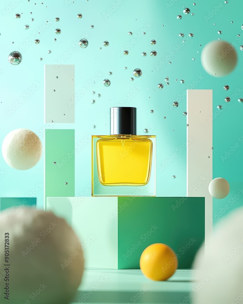 Poster minimalist perfume bottle on abstract aqua background with floating elements