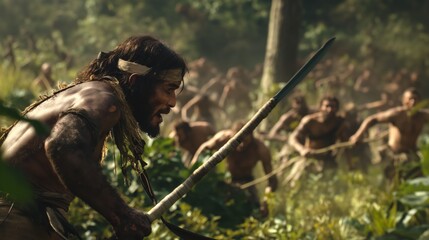 Team of cavemen ancient hunters around 10000 BC, deeply engaged in primal act of hunting prehistoric animals. Early humans demonstrate remarkable teamwork and strategic acumen